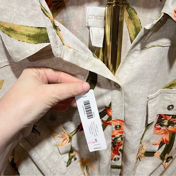 CHICO’S ~ NEW Spring Lily Utility Shirt Roll Tab Sleeves Waist Tie - Picture 8 of 10